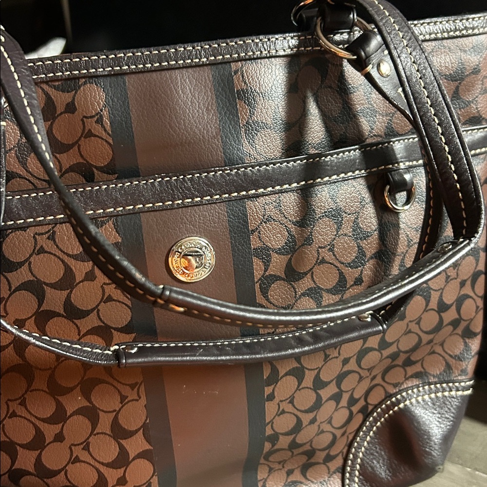 Coach Chelsea Heritage Signature Stripe tote‎ bag in brown and black leather - Picture 3 of 6